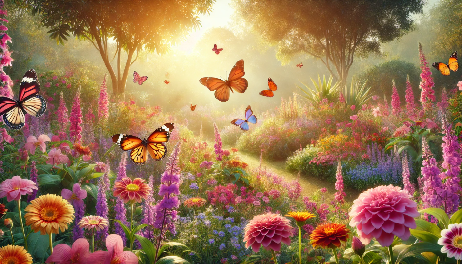 A wide, sunlit garden filled with colorful flowers and butterflies gracefully flying, evoking peace and positive emotion.