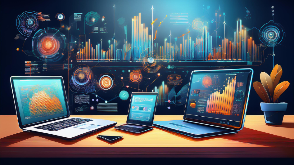 Laptops and tablets displaying analytics graphs, referral marketing systems, and growth metrics, symbolizing data-driven growth hacking strategies for startups.