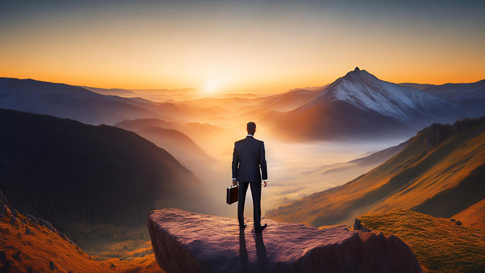 Businessperson standing on a cliff overlooking a remote, rugged landscape at sunrise, symbolizing the challenges and long-term opportunities of doing business in unexplored markets.