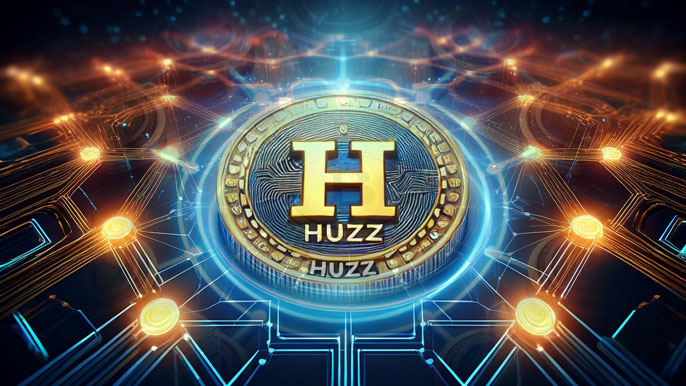 A glowing HUZZ token at the center of a vibrant blockchain network with interconnected nodes, symbolizing its utility across decentralized applications, NFT marketplaces, and gaming ecosystems.