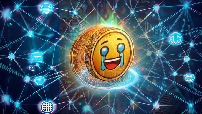 A glowing FINE Token featuring a humorous emoji design, integrated into a futuristic blockchain network, symbolizing its unique branding and community-driven utility.