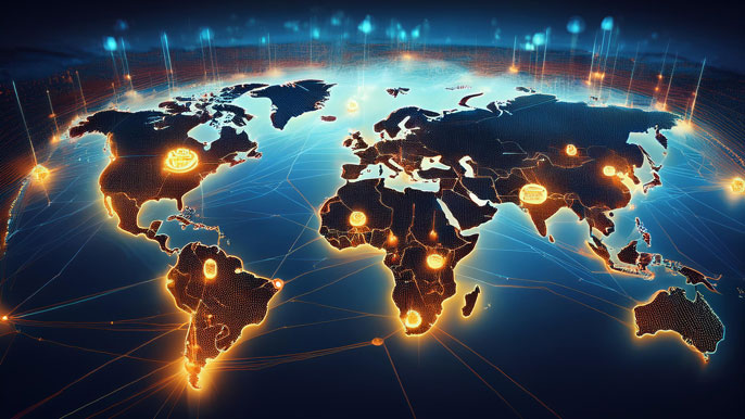 A glowing global map highlighting crypto-friendly countries with Bitcoin and blockchain symbols connecting key regions.