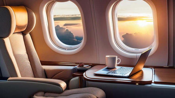 Luxurious business class seat with a laptop, coffee, and a window view of a sunset, symbolizing comfort and productivity during business travel.