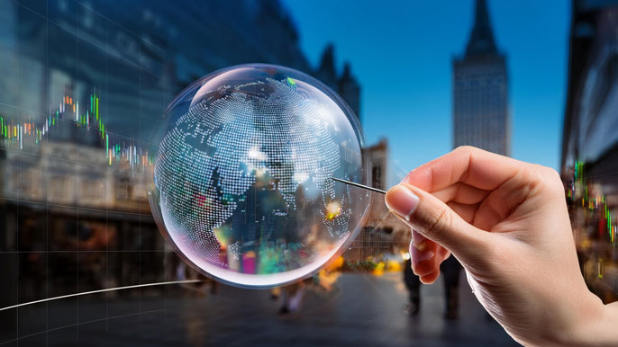 A hand holding a pin, about to pop a transparent bubble filled with stock market symbols and a world map. The bubble reflects financial data, symbolizing the fragile nature of global market bubbles on the verge of bursting.