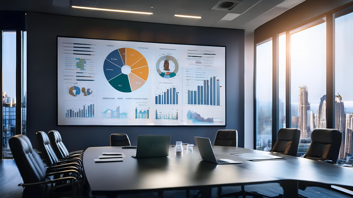 A modern business meeting room with a large screen displaying financial and market analysis charts, symbolizing strategic decision-making and deep-dive analysis for business expansion.