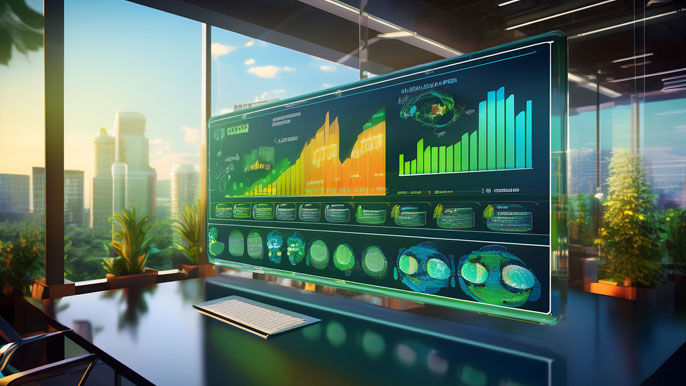 Digital dashboard displaying ESG metrics and sustainability graphs in a modern office setting.