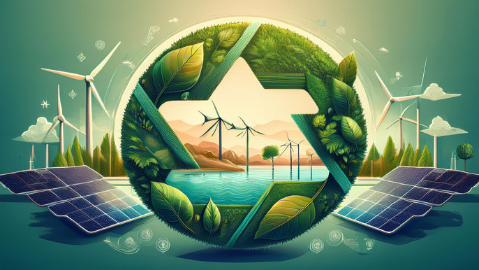 Symbolic representation of a circular economy featuring intertwined natural elements, wind turbines, solar panels, and recycling icons. The image blends nature and technology, symbolizing sustainability and renewable energy in a balanced ecosystem.