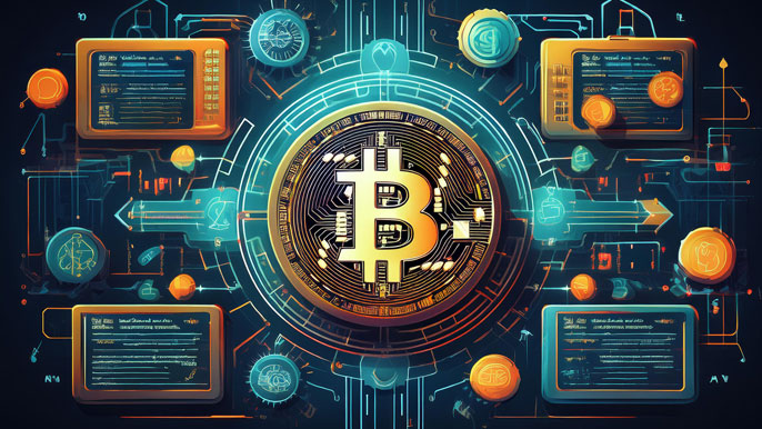 A Bitcoin symbol surrounded by digital tax forms, calculators, and arrows, representing the challenges of cryptocurrency taxation.