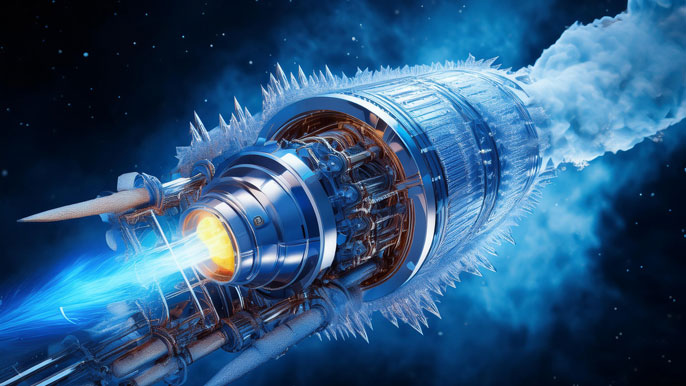 A close-up of a cryogenic rocket engine with liquid hydrogen and oxygen tanks, surrounded by frost, emitting a bright blue flame against a dark space background, symbolizing the extreme cold and high efficiency of cryogenic propulsion.