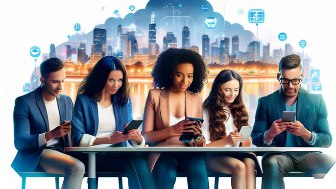 A diverse group of people using mobile devices, with a vibrant city skyline in the background, symbolizing digital engagement in emerging markets.