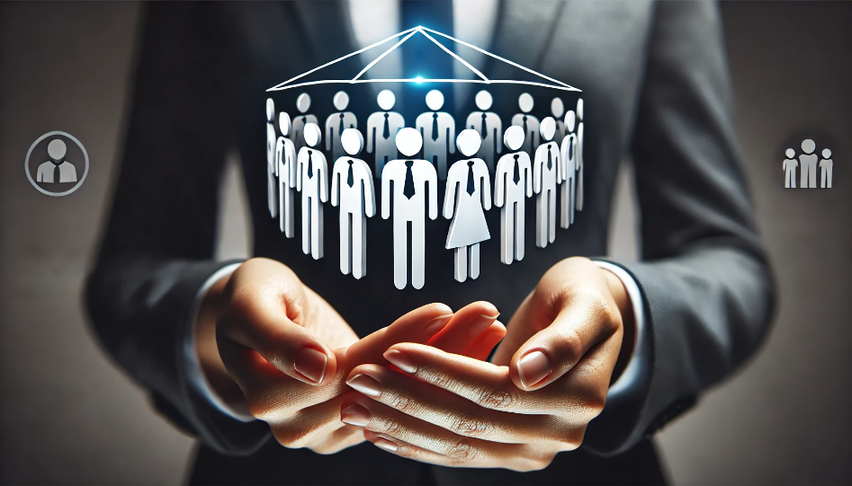 Close-up of hands holding a group of stylized figures representing employees or a workforce. The figures are placed inside the hands, symbolizing protection, care, and management of the workforce, with a dark, minimalist background