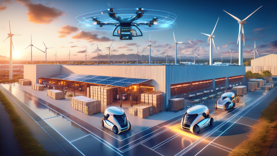 Futuristic logistics hub in 2025 featuring autonomous robotic vehicles, solar-powered warehouses, wind turbines, and drones, representing sustainable and automated business operations.