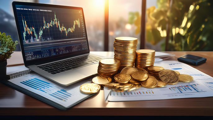 A laptop displaying stock market charts sits next to stacks of gold coins on a desk with financial documents, symbolizing the relationship between Gold ETFs and stock market investments.