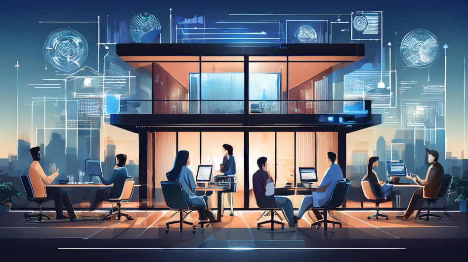 A group of entrepreneurs working in a modern office space, collaborating on digital devices with data and futuristic analytics displayed on large transparent screens, symbolizing innovative business strategies and growth.