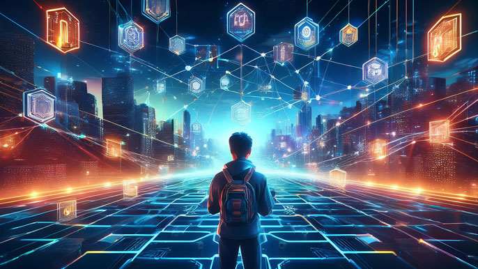 A player in a futuristic gaming ecosystem, surrounded by interconnected blockchain networks and glowing BIGTIME tokens symbolizing cross-platform functionality.