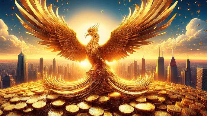 A golden phoenix rises from a pile of coins with its wings spread, set against a futuristic city skyline at sunrise, symbolizing business growth and resilience.