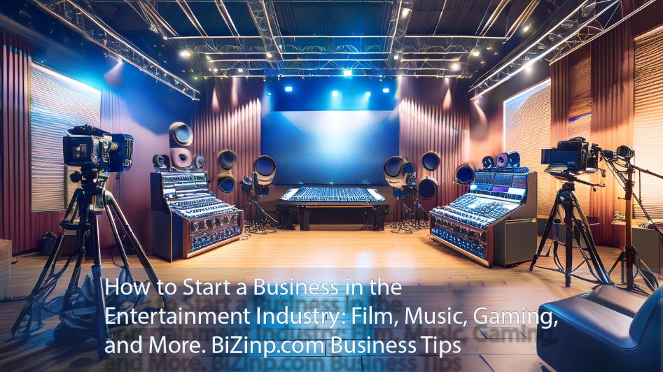 Modern entertainment studio with film cameras and audio equipment, showcasing various aspects of starting a business in film, music, and gaming.