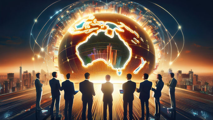 A glowing digital globe highlighting Australia, surrounded by international investors discussing opportunities in the Australian stock market.