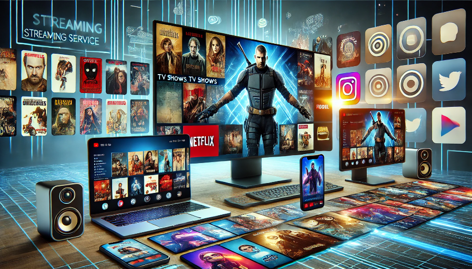 Modern streaming setup with various devices displaying movies, TV shows, and music playlists, representing diverse content on streaming platforms.