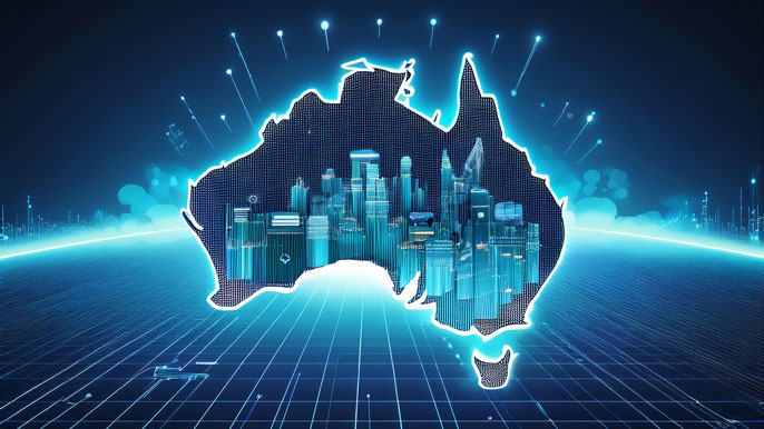 A glowing digital map of Australia filled with futuristic skyscrapers, symbolizing the growth of the Australian tech sector in 2025.