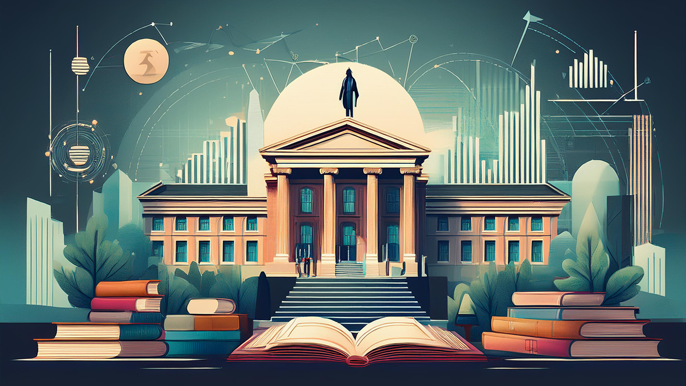 Abstract image representing top US universities for economics, featuring a grand academic building, open books, and symbolic charts, highlighting education, data analysis, and career opportunities in the field of economics.