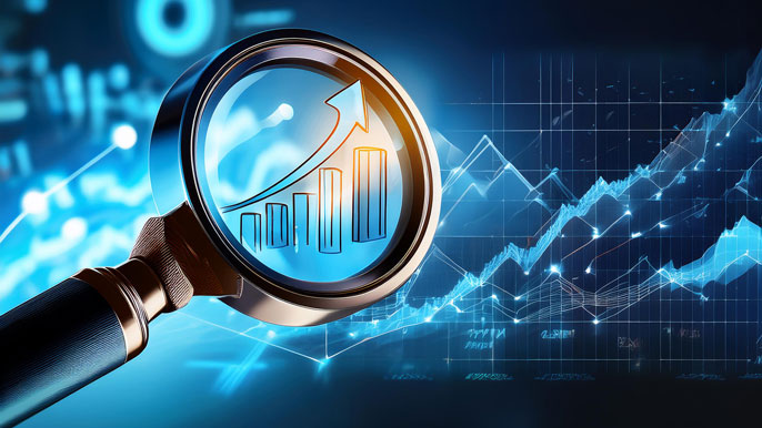 A magnifying glass focused on a rising bar chart, with data lines and graphs in the background, symbolizing the power of SPSS in uncovering business trends and insights through data analysis.