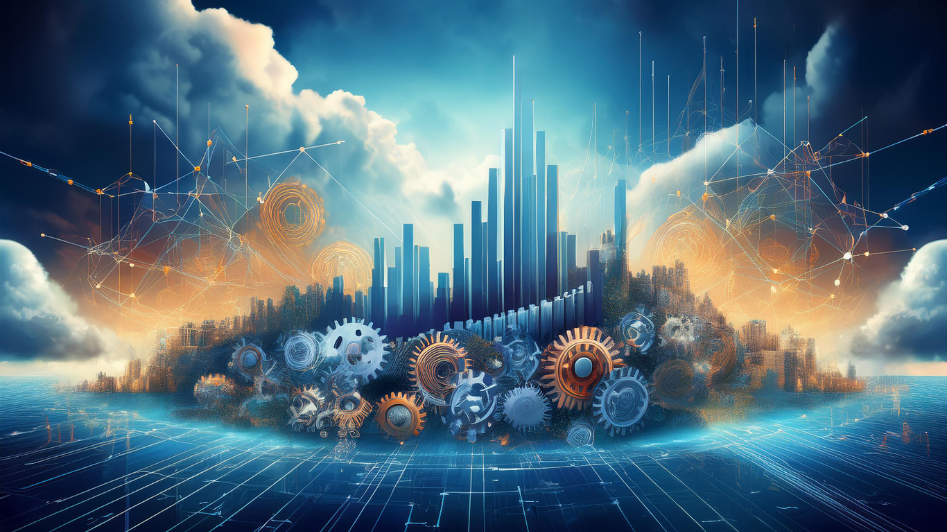 Abstract representation of business adaptation in a crisis, featuring shifting gears, financial graphs, and technology symbols, with storm clouds transitioning to clear skies, symbolizing overcoming challenges