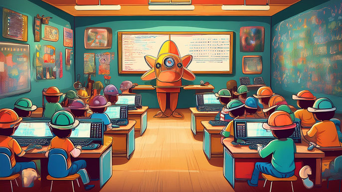 A colorful classroom with cartoonish students using futuristic devices, led by a quirky teacher robot at the front.