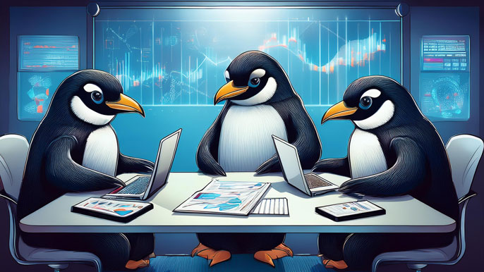 Three penguins dressed as business professionals sitting at a conference table, working on laptops with charts, graphs, and digital screens in the background.