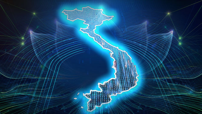 Glowing map of Vietnam formed by data streams and binary code, symbolizing the advanced capabilities of the Arcee-VyLinh Vietnamese AI language model.