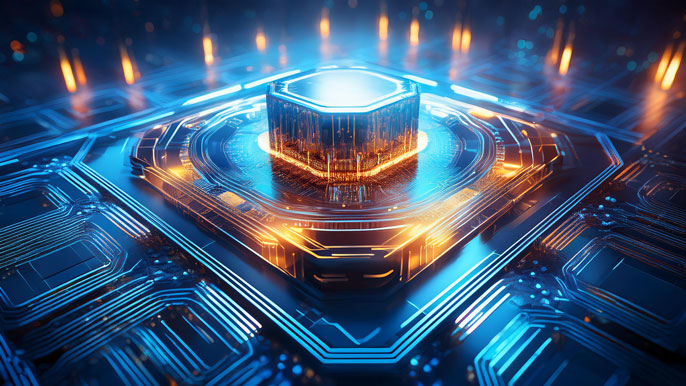 A close-up view of a glowing quantum processor with intricate circuits, highlighting the advanced technology of qubit arrangement and superconducting components.