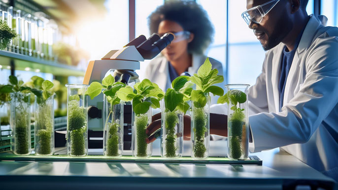 Scientists working in a biotechnology lab, analyzing plants in test tubes to develop sustainable agricultural solutions.