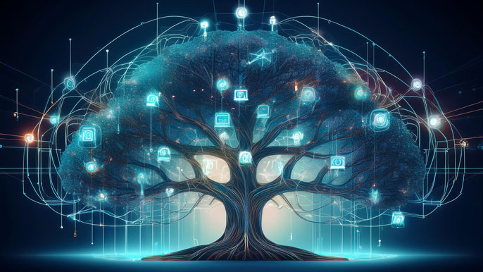 Futuristic tree with digital branches representing interconnected corporate networks, where each branch is linked with icons symbolizing various business sectors and collaborations.