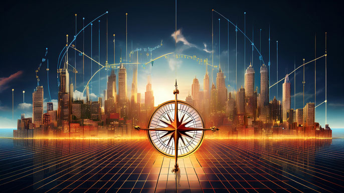 A futuristic city skyline with stock market graphs, a glowing bridge made of financial charts, and a golden compass labeled with major indices, symbolizing growth and financial success.