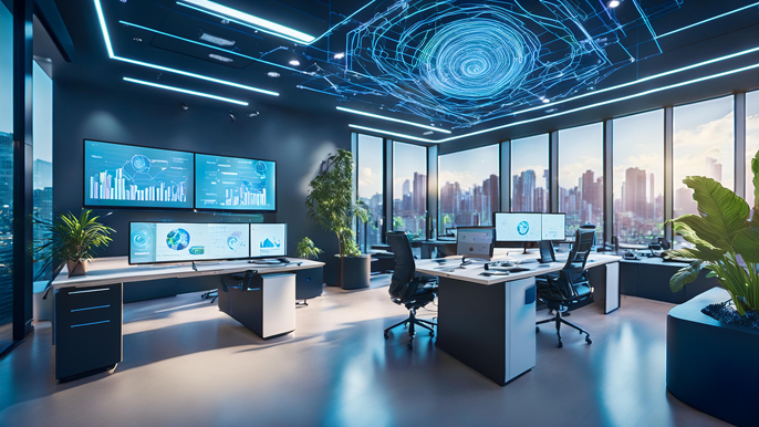 Futuristic office environment with advanced collaboration tools, holographic displays, and digital screens showing productivity metrics, representing the work culture of 2025.