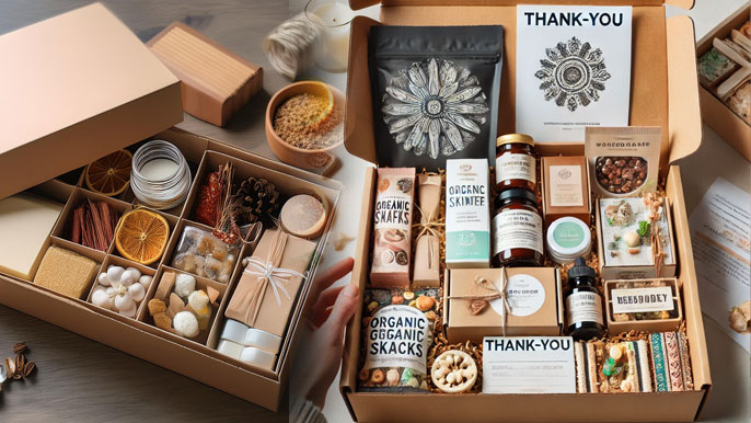 Beautifully curated subscription boxes filled with organic skincare, gourmet snacks, artisanal crafts, and personalized thank-you cards, neatly arranged for a high-quality unboxing experience.