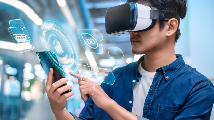 A customer wearing virtual reality (VR) glasses uses a smartphone, interacting with holographic icons and instructions for troubleshooting, symbolizing the use of augmented and virtual reality in customer service technology.