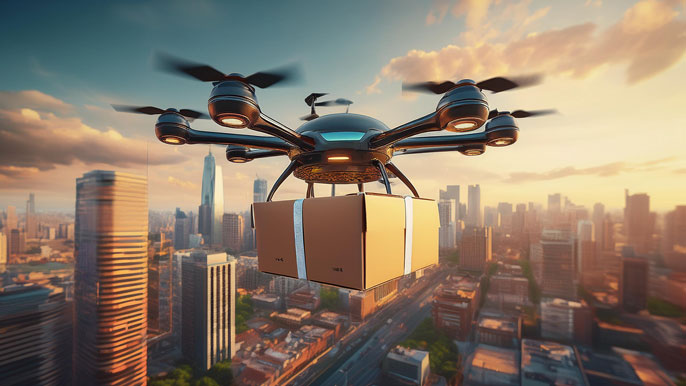 A drone delivering a package over a modern city skyline, highlighting the future of urban drone deliveries.