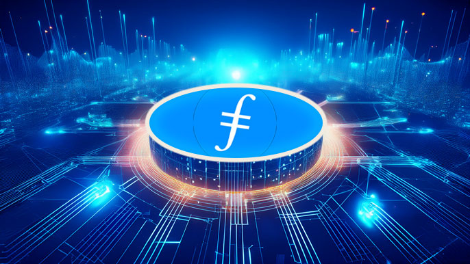 Glowing Filecoin (FIL) logo at the center of a futuristic digital network, symbolizing decentralized cloud storage and blockchain innovation.