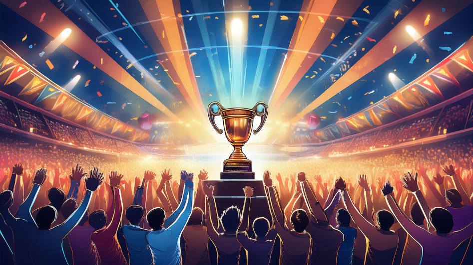 A crowd of entrepreneurs cheering as a large trophy is raised on stage during an awards ceremony, symbolizing achievement and recognition in the startup world.