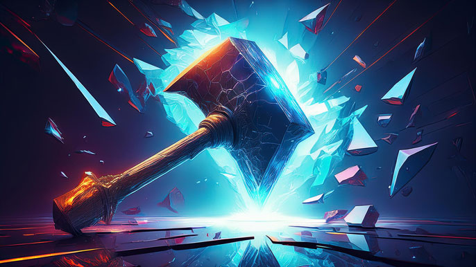 A glowing hammer breaking through a large glass wall, symbolizing the concept of breaking barriers and disrupting the status quo with innovation and bold action.