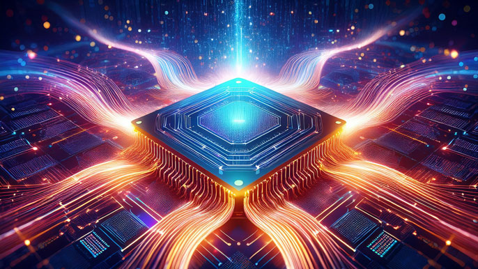 A glowing quantum computing chip radiating energy streams and surrounded by digital circuits, symbolizing advanced quantum technology and innovation.