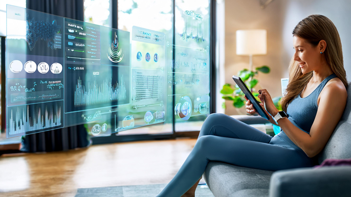 Person using a tablet in a modern living room to monitor health data displayed on digital charts, showcasing wearable health devices and real-time wellness tracking at home.