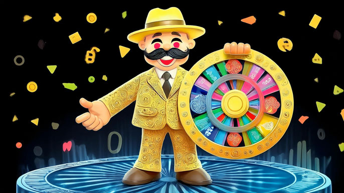 A cheerful character in a golden suit holding a colorful spinning wheel, standing on a large digital coin with floating crypto symbols in the background.