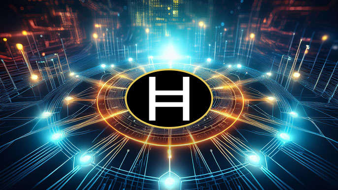 Glowing HBAR logo at the center of a futuristic digital network, symbolizing Hedera's fast, secure, and scalable blockchain ecosystem.