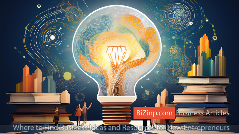 An abstract lightbulb symbolizes business ideas and creativity, with books and a city skyline representing learning and growth. People near the bulb signify networking and collaboration, branded with "Bizinp.com Business Articles" for new entrepreneurs.