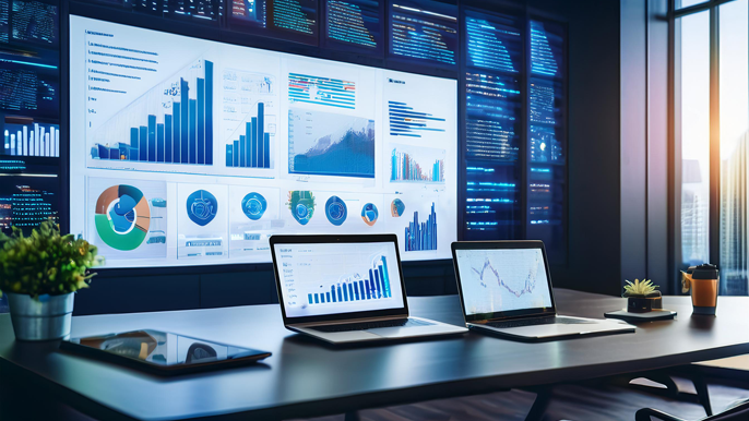 Office desk with laptops displaying business reports and charts, while a large wall screen shows detailed BI data visualizations, highlighting data-driven decision-making.