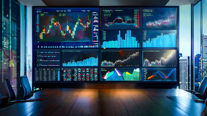 Stock market analytics dashboard with multiple charts and data visualizations related to trending US stocks in 2025.