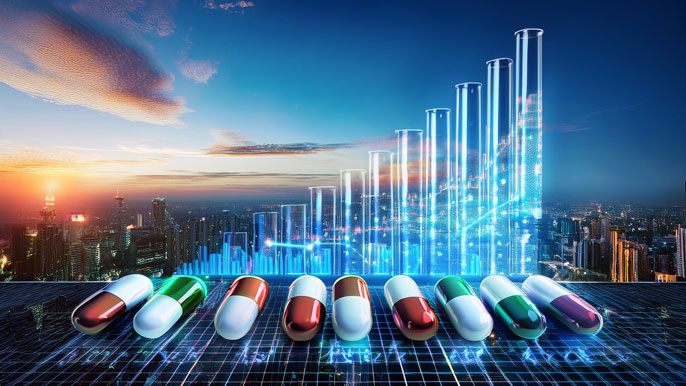 A glowing ladder made of pharmaceutical capsules and test tubes rising into the sky, with stock market graphs symbolizing Sai Life Sciences' growth and innovation.