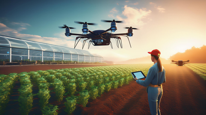 Farmer using a tablet to control drones monitoring crops in a smart farm, with greenhouses and rows of crops in the background, representing advanced agricultural technology.